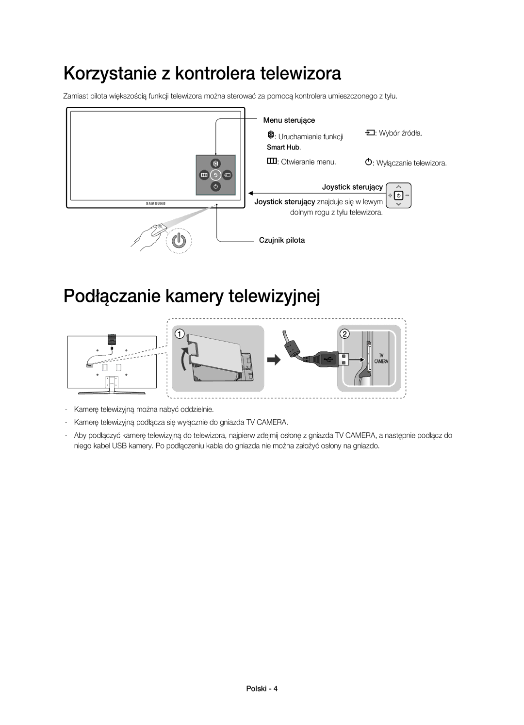 Samsung UE48JS9000LXXN manual Korzystanie z kontrolera telewizora, Podłączanie kamery telewizyjnej, Otwieranie menu 