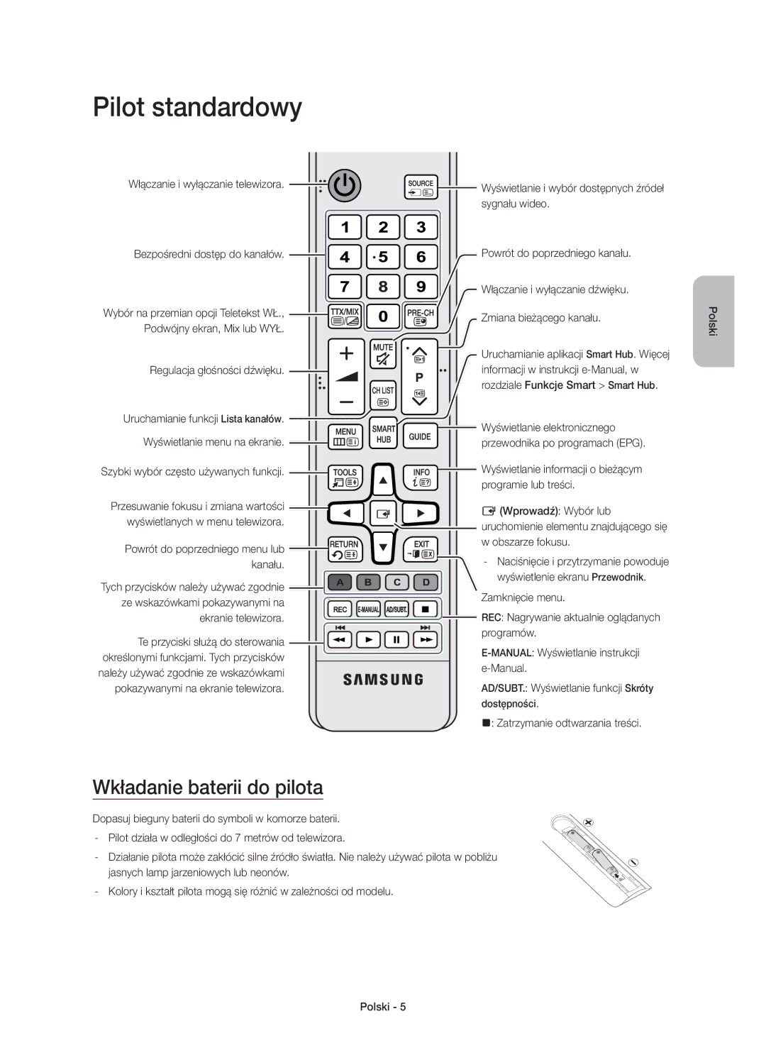 Samsung UE48JS9002TXXH, UE55JS9000LXXH, UE65JS9000LXXH, UE48JS9000LXXH manual Pilot standardowy, Wkładanie baterii do pilota 