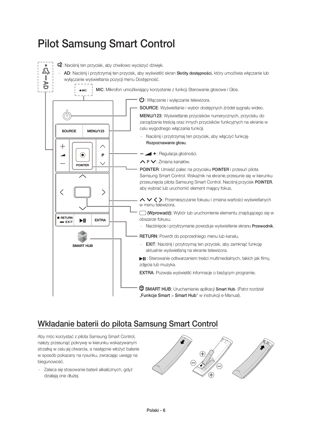 Samsung UE55JS9002TXXH, UE55JS9000LXXH manual Pilot Samsung Smart Control, Wkładanie baterii do pilota Samsung Smart Control 