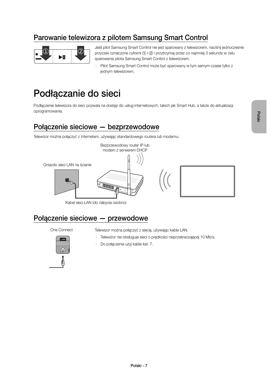 Samsung UE65JS9002TXXH, UE55JS9000LXXH manual Podłączanie do sieci, Parowanie telewizora z pilotem Samsung Smart Control 