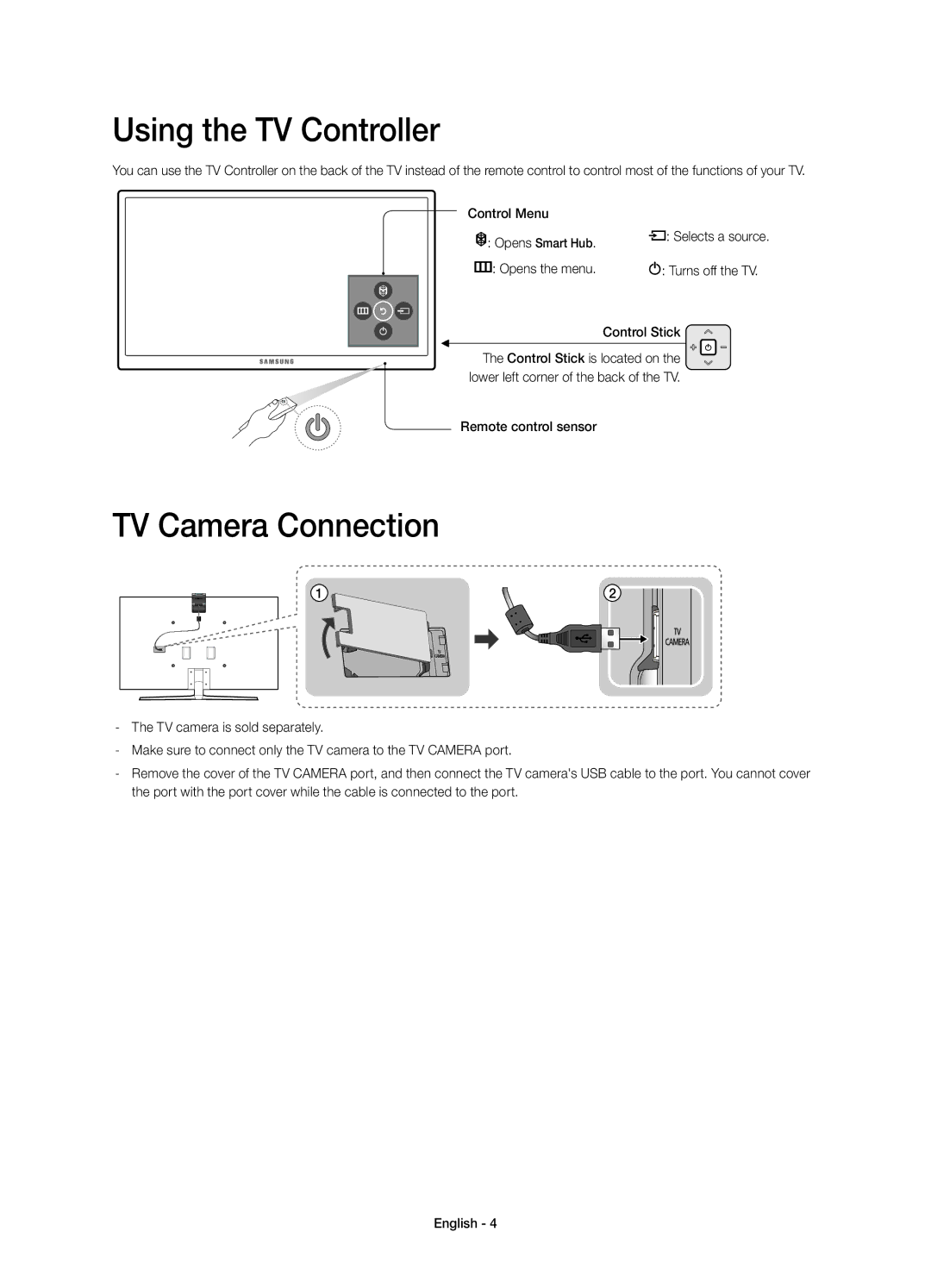 Samsung UE55JS9000LXXN, UE55JS9000LXXH, UE65JS9000LXXH Using the TV Controller, TV Camera Connection, Remote control sensor 