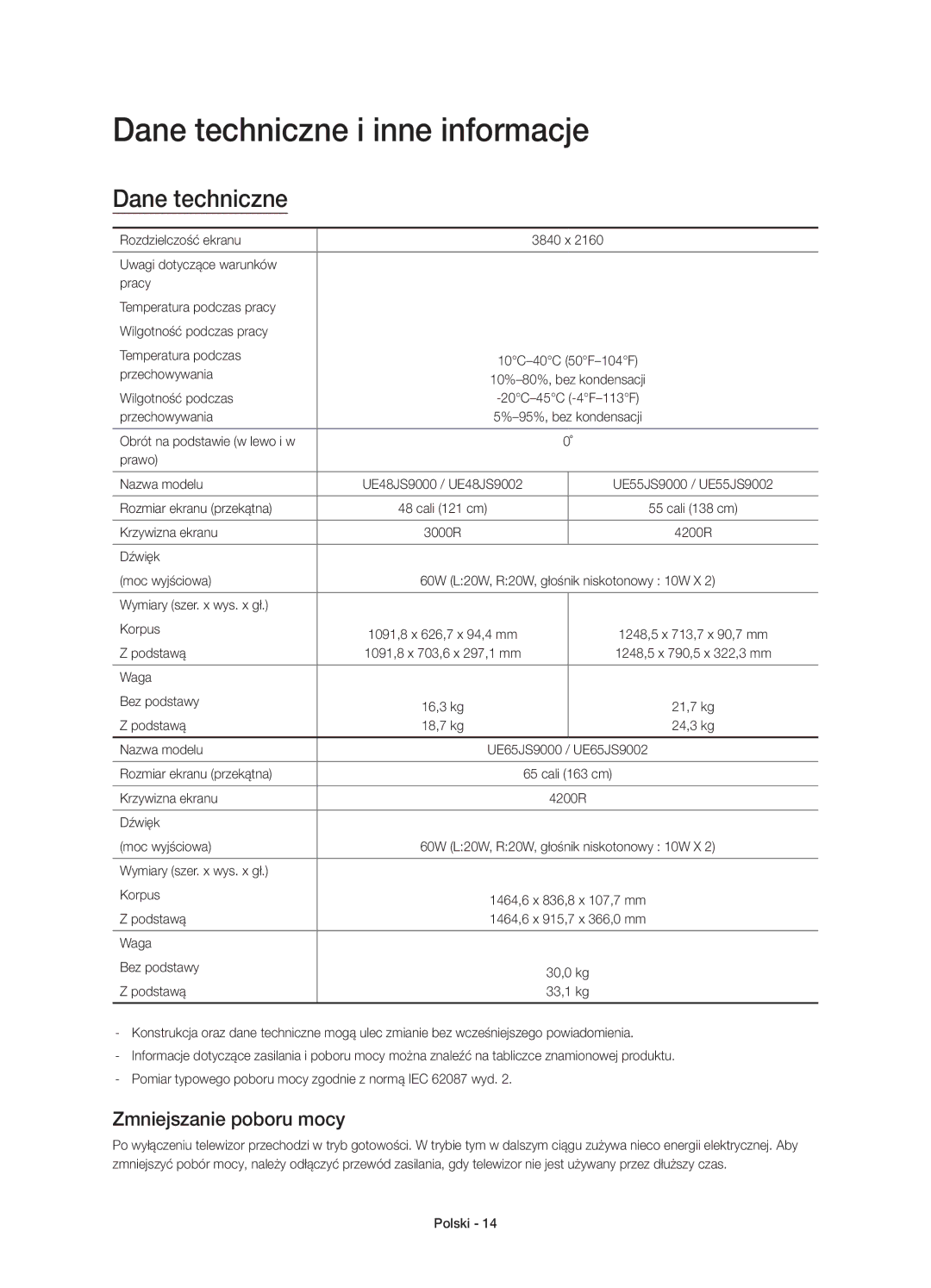 Samsung UE48JS9002TXXH, UE55JS9000LXXH, UE65JS9000LXXH manual Dane techniczne i inne informacje, Zmniejszanie poboru mocy 