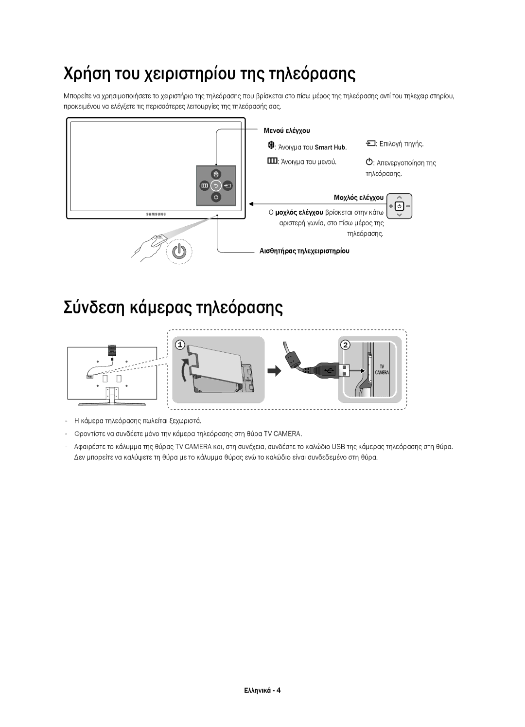 Samsung UE65JS9000LXXH Χρήση του χειριστηρίου της τηλεόρασης, Σύνδεση κάμερας τηλεόρασης, Άνοιγμα του μενού, Τηλεόρασης 