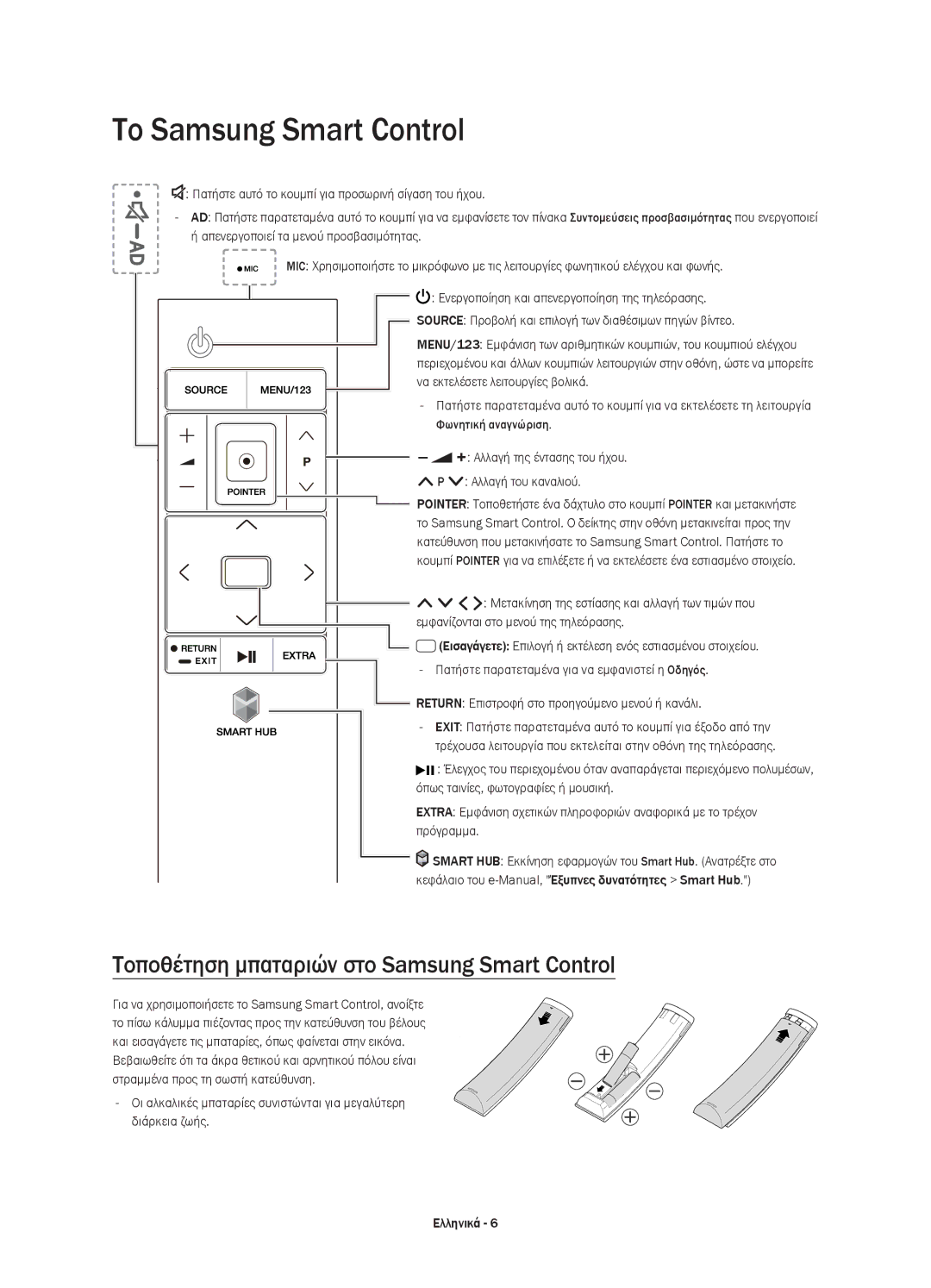 Samsung UE65JS9000LXXN, UE55JS9000LXXH manual Το Samsung Smart Control, Τοποθέτηση μπαταριών στο Samsung Smart Control 