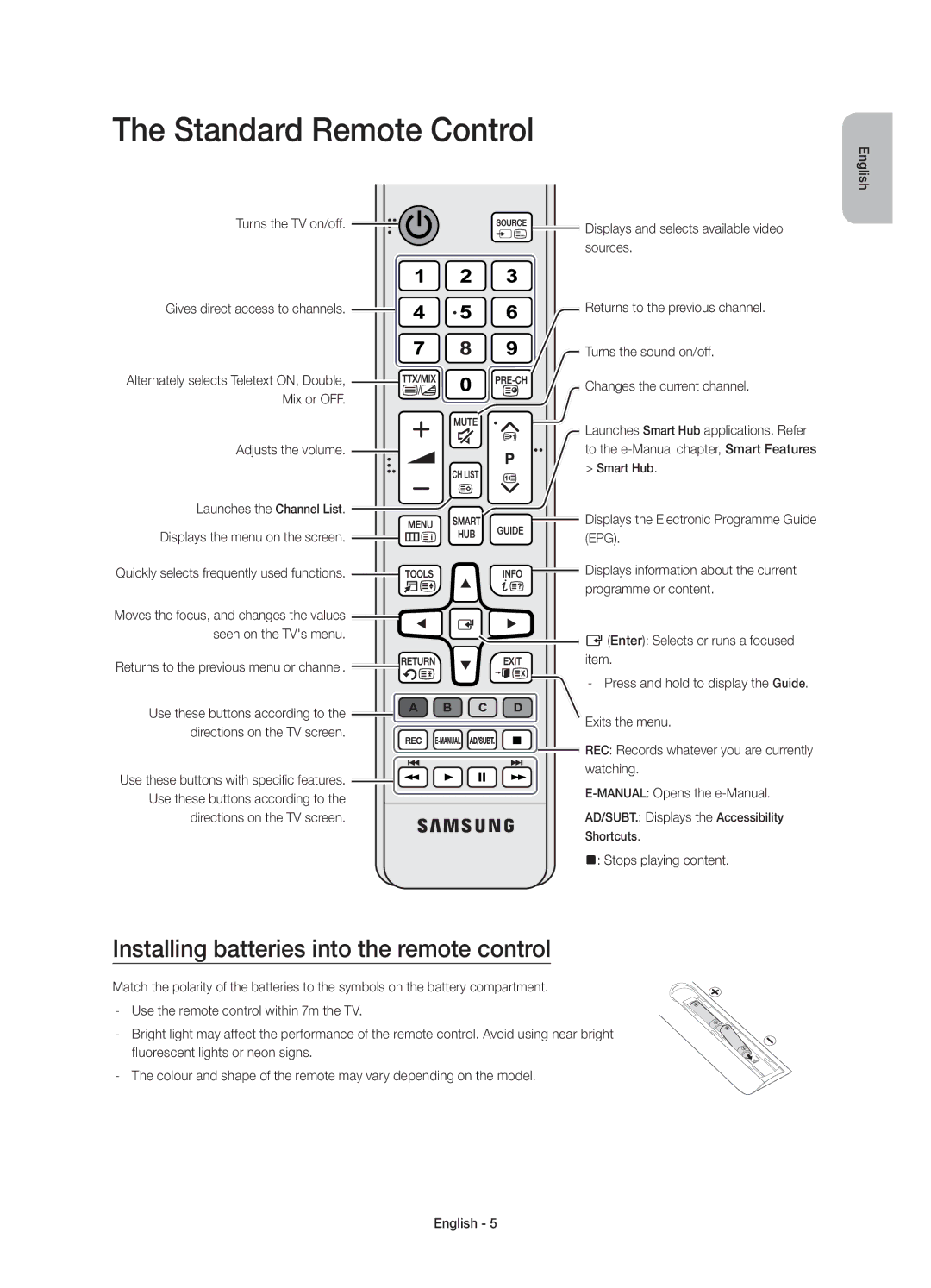 Samsung UE48JS9000LXXN manual Standard Remote Control, Installing batteries into the remote control, Adjusts the volume 