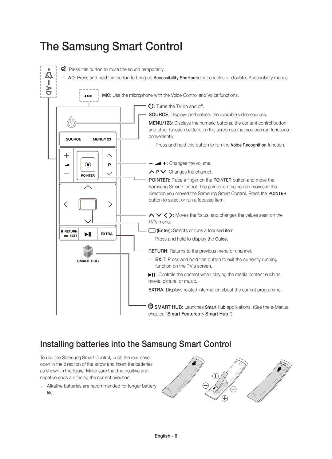 Samsung UE48JS9002TXXH, UE55JS9000LXXH, UE65JS9000LXXH manual Installing batteries into the Samsung Smart Control 