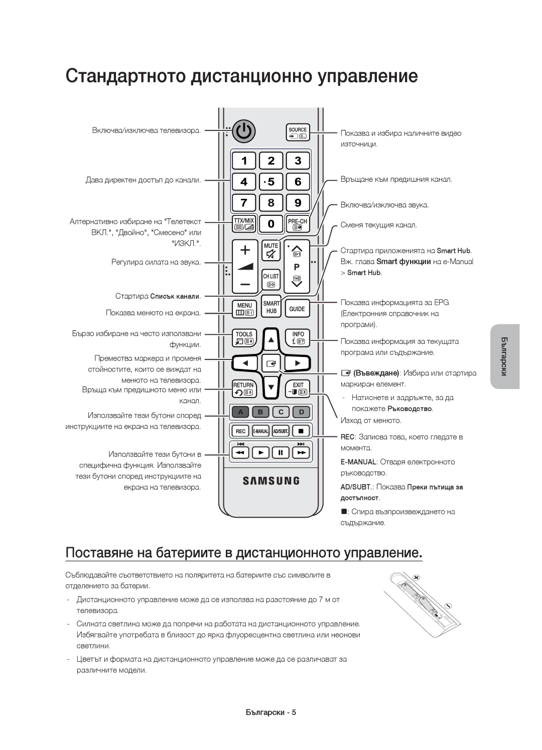 Samsung UE55JS9002TXXH manual Стандартното дистанционно управление, Поставяне на батериите в дистанционното управление 