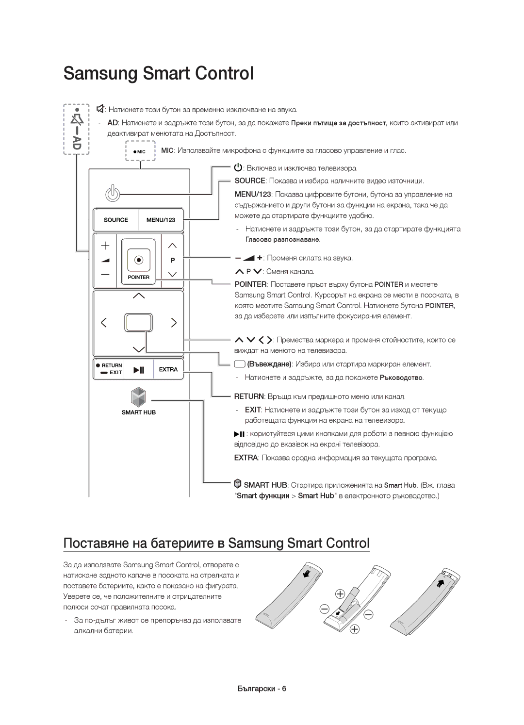 Samsung UE65JS9002TXXH manual Поставяне на батериите в Samsung Smart Control, Променя силата на звука Сменя канала 