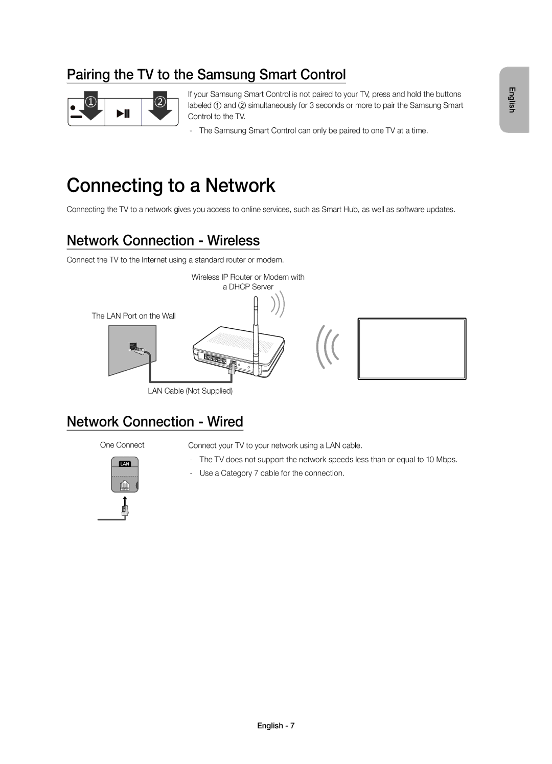 Samsung UE55JS9002TXXH Connecting to a Network, Pairing the TV to the Samsung Smart Control, Network Connection Wireless 