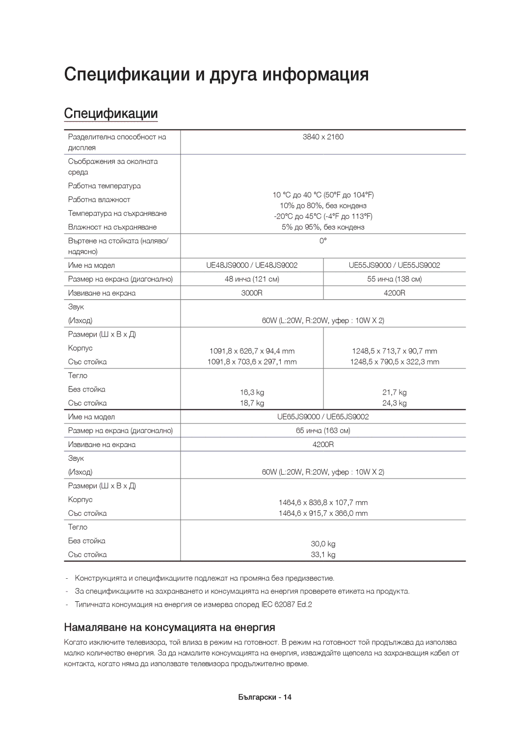 Samsung UE55JS9002TXXH, UE55JS9000LXXH manual Спецификации и друга информация, Намаляване на консумацията на енергия 