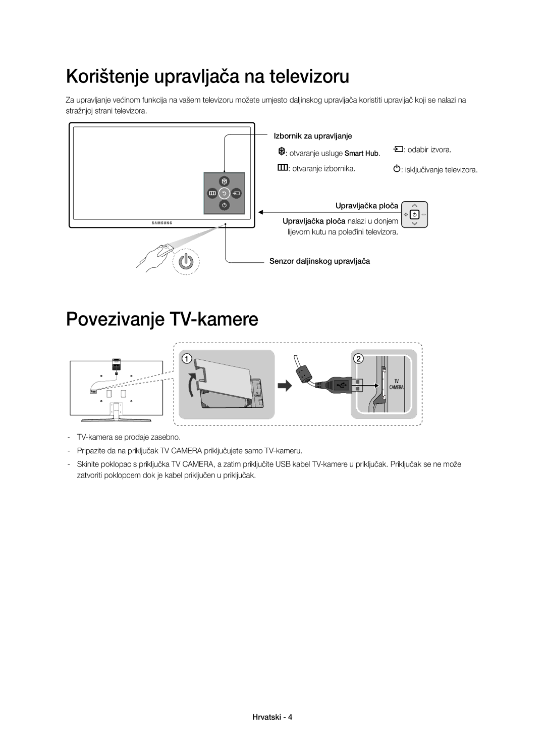 Samsung UE48JS9000LXXH, UE55JS9000LXXH, UE65JS9000LXXH manual Korištenje upravljača na televizoru, Povezivanje TV-kamere 