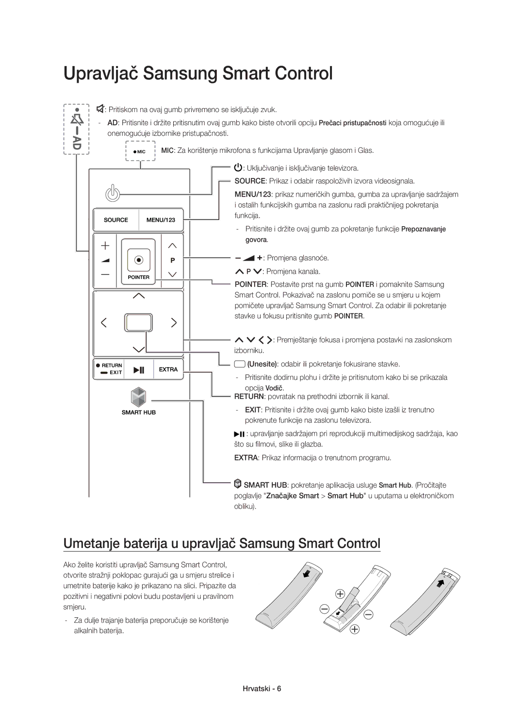 Samsung UE55JS9000LXXN manual Upravljač Samsung Smart Control, Umetanje baterija u upravljač Samsung Smart Control 