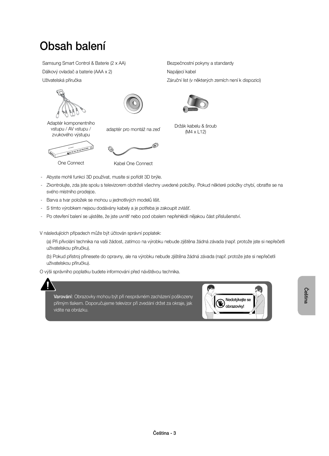 Samsung UE48JS9002TXXH, UE55JS9000LXXH manual Obsah balení, Adaptér komponentního, One Connect Adaptér pro montáž na zeď 