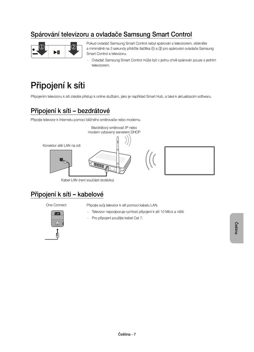 Samsung UE65JS9000LXXH manual Spárování televizoru a ovladače Samsung Smart Control, Připojení k síti kabelové 