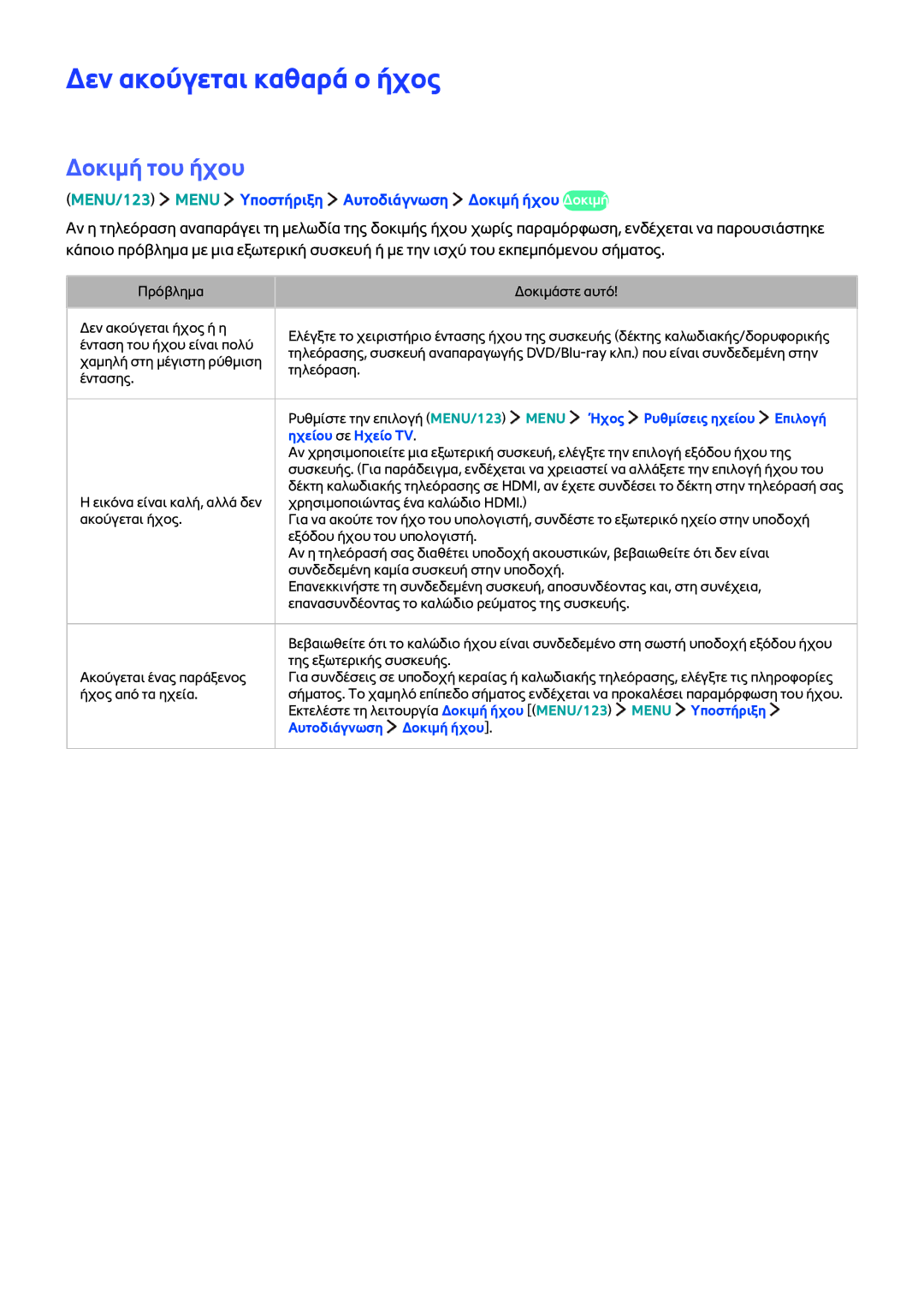 Samsung UE65JS9500LXXH, UE55JS9000LXXH, UE65JS9000LXXH, UE48JS9000LXXH manual Δεν ακούγεται καθαρά ο ήχος, Δοκιμή του ήχου 