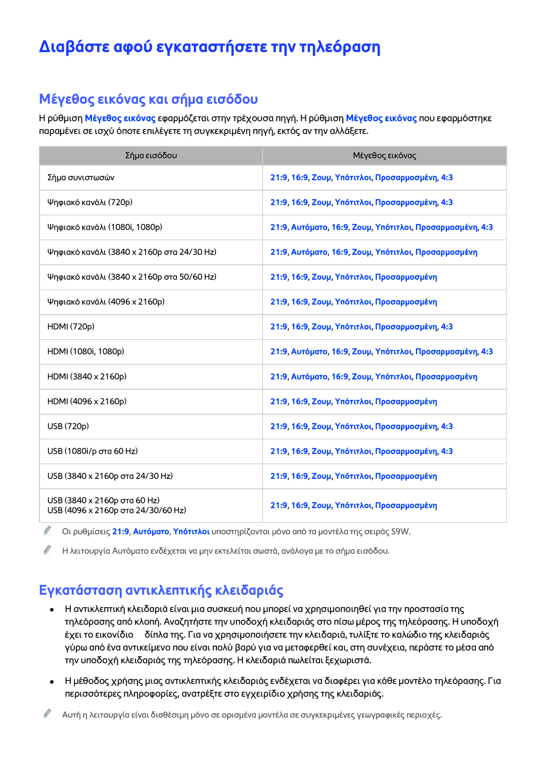 Samsung UE48JS9000LXXH, UE55JS9000LXXH manual Διαβάστε αφού εγκαταστήσετε την τηλεόραση, Μέγεθος εικόνας και σήμα εισόδου 