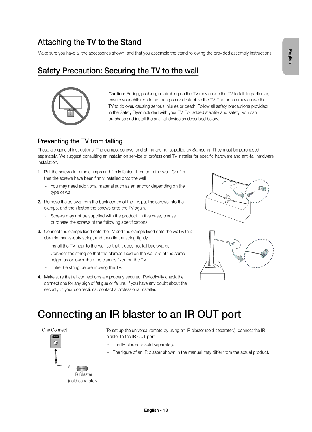 Samsung UE48JS9000TXXU, UE55JS9000LXXH manual Connecting an IR blaster to an IR OUT port, Attaching the TV to the Stand 