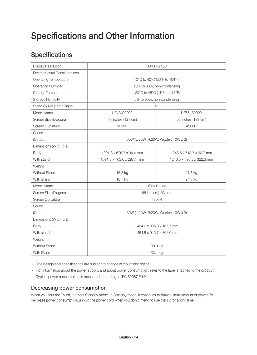 Samsung UE55JS9000TXXU, UE55JS9000LXXH, UE65JS9000LXXH Specifications and Other Information, Decreasing power consumption 