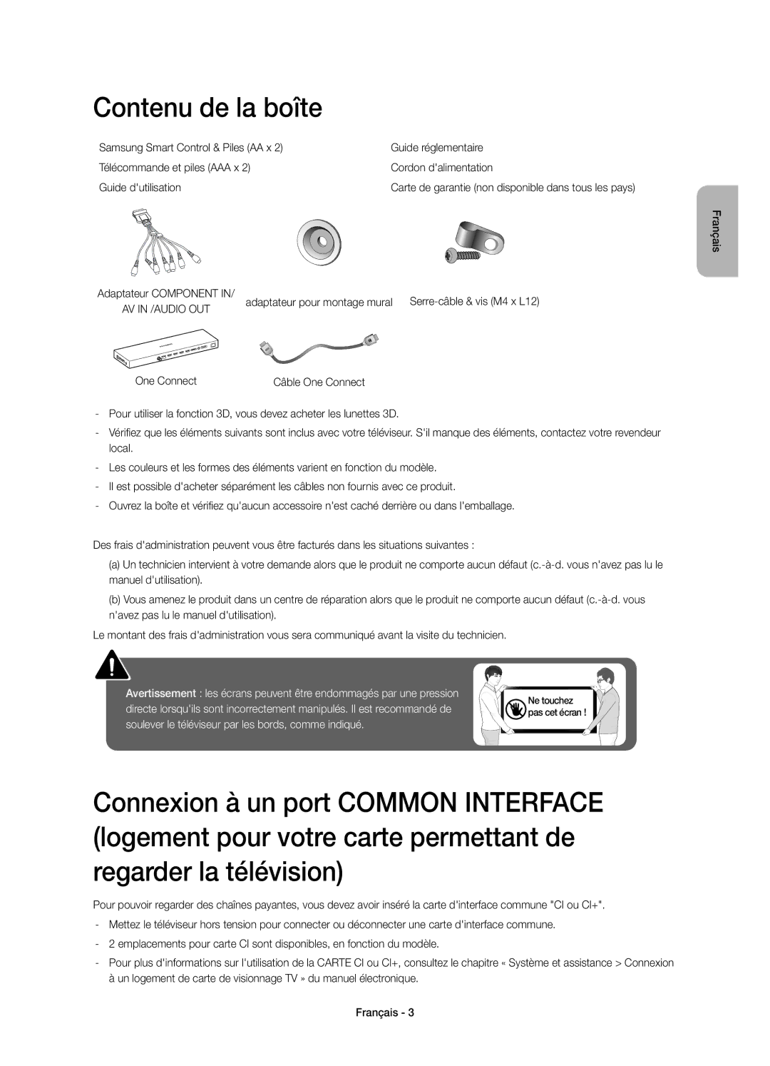 Samsung UE55JS9000TXTK, UE55JS9000LXXH, UE65JS9000LXXH, UE48JS9000LXXH, UE55JS9000TXXC manual Contenu de la boîte, Français 