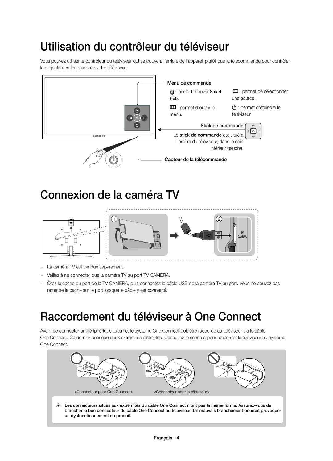 Samsung UE48JS9000LXXH, UE55JS9000LXXH manual Utilisation du contrôleur du téléviseur, Connexion de la caméra TV, Une source 