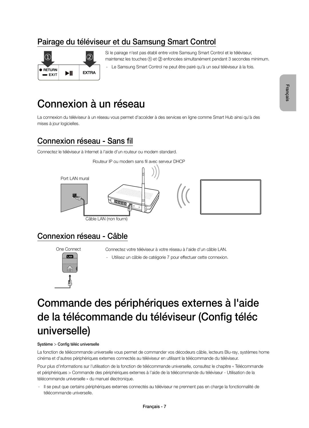 Samsung UE55JS9000TXZF Connexion à un réseau, Pairage du téléviseur et du Samsung Smart Control, Connexion réseau Sans fil 