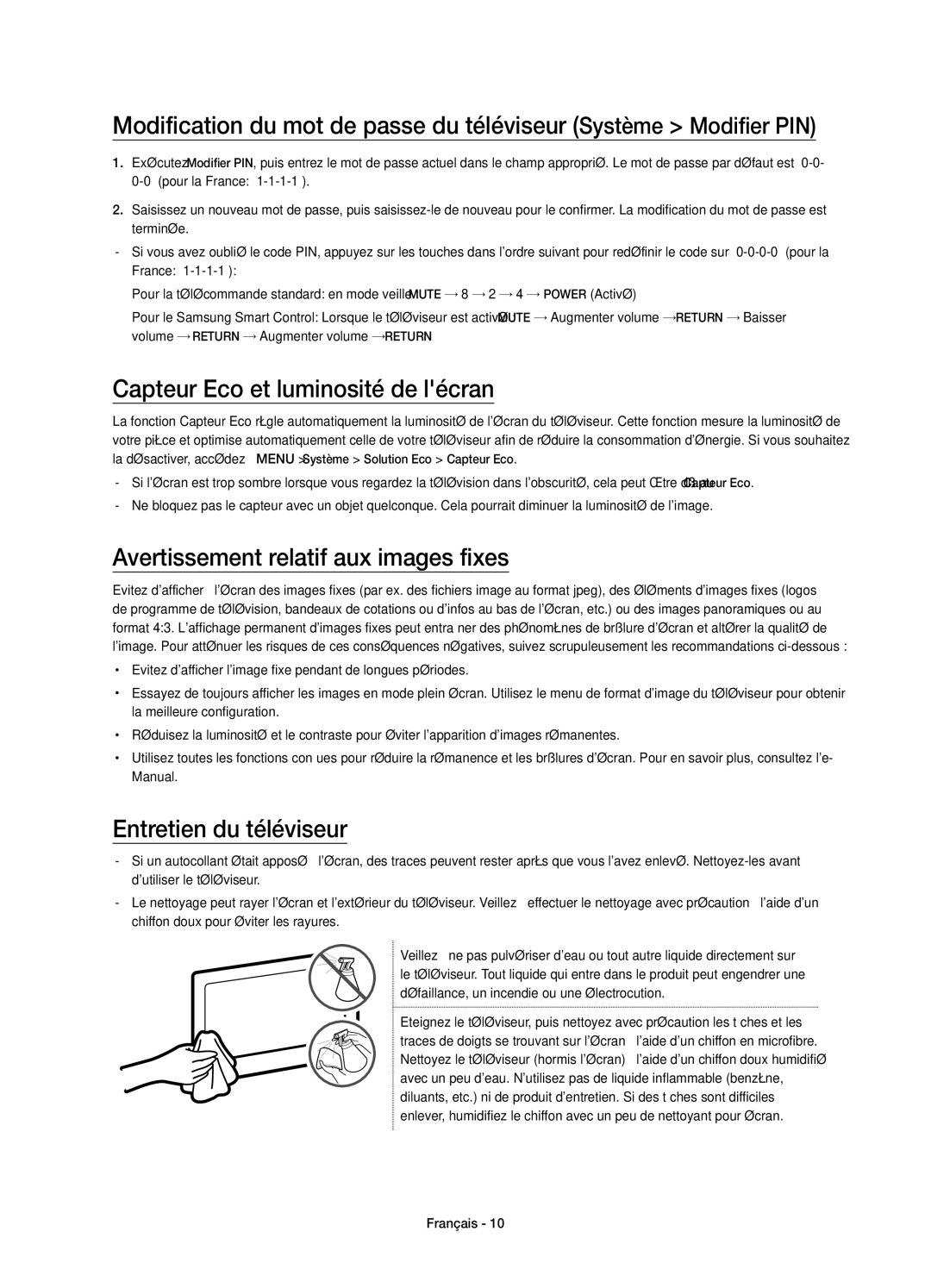 Samsung UE65JS9000LXXN, UE55JS9000LXXH manual Capteur Eco et luminosité de lécran, Avertissement relatif aux images fixes 