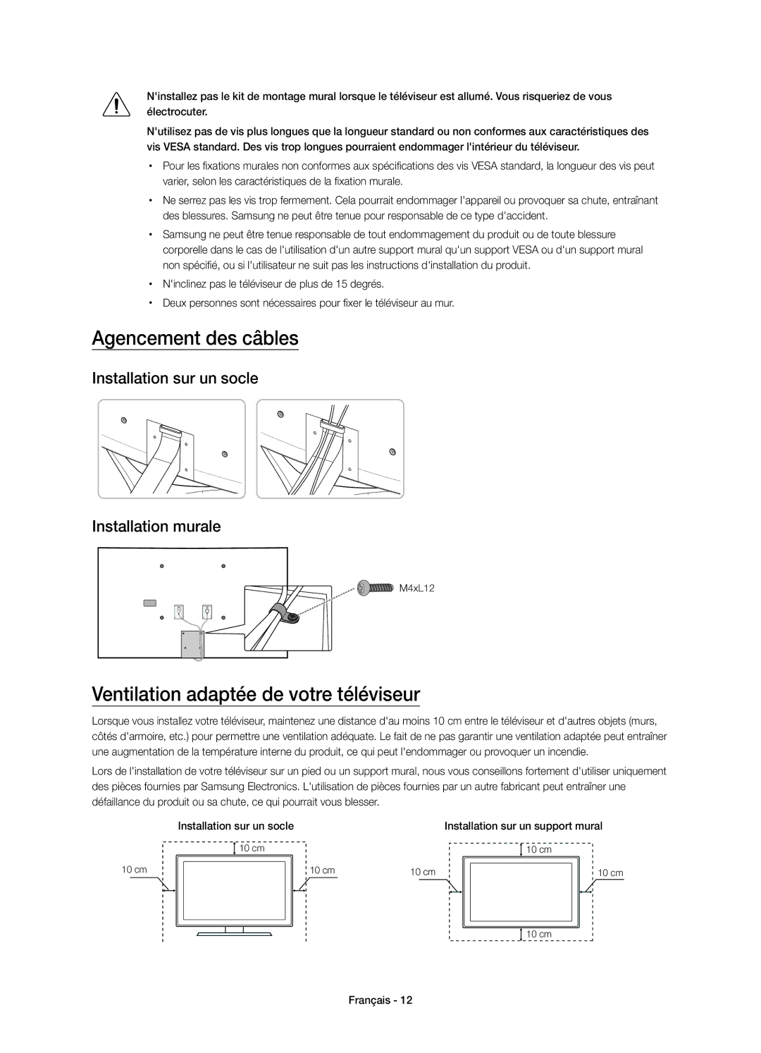 Samsung UE48JS9000LXXN, UE55JS9000LXXH, UE65JS9000LXXH manual Agencement des câbles, Ventilation adaptée de votre téléviseur 