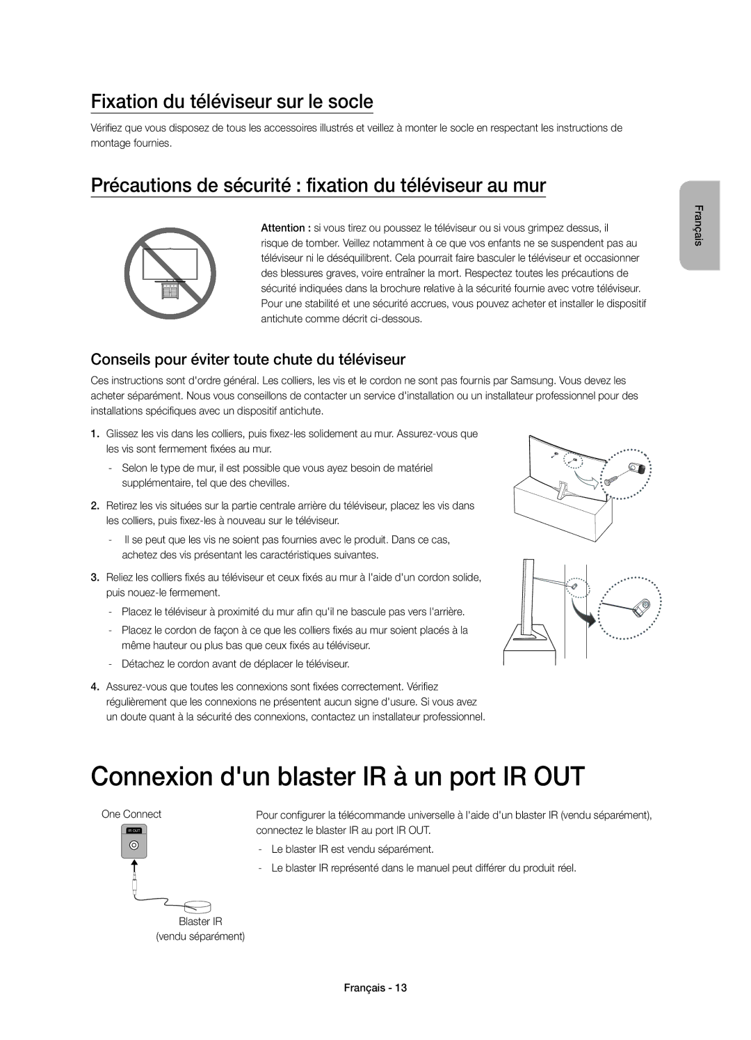 Samsung UE48JS9000TXXC, UE55JS9000LXXH manual Connexion dun blaster IR à un port IR OUT, Fixation du téléviseur sur le socle 