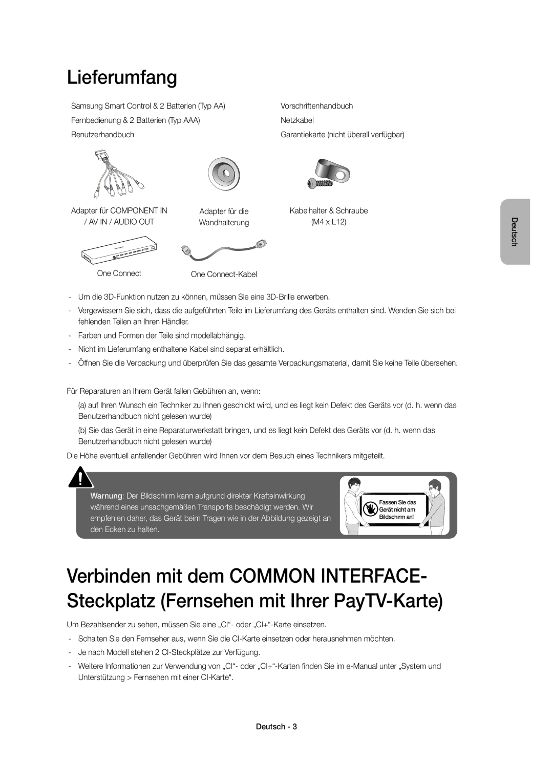 Samsung UE65JS9000LXXH, UE55JS9000LXXH, UE55JS9000TXTK, UE48JS9000LXXH manual Lieferumfang, Adapter für die, Wandhalterung 