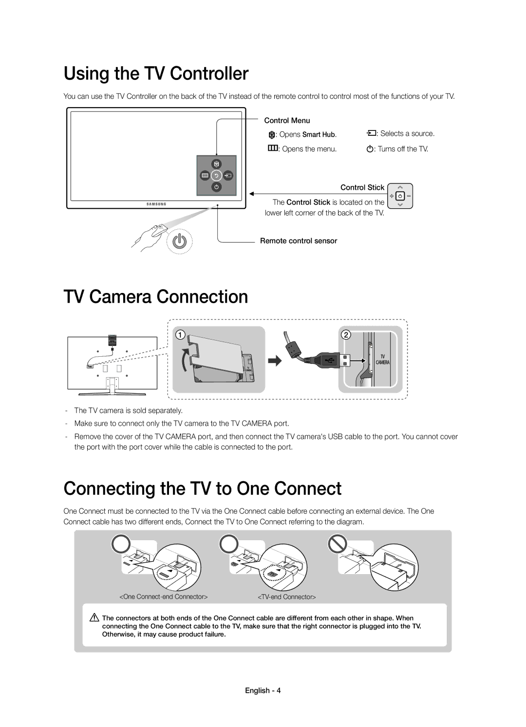 Samsung UE55JS9000TXXC, UE55JS9000LXXH Using the TV Controller, TV Camera Connection, Connecting the TV to One Connect 