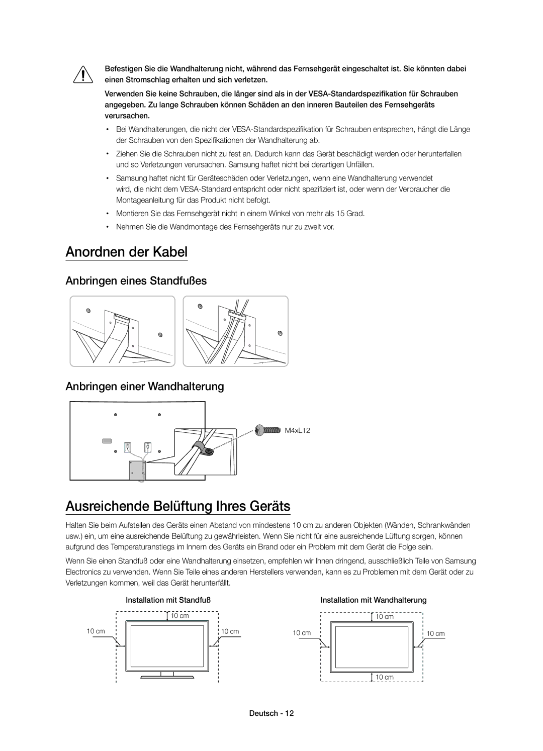 Samsung UE55JS9000LXXN manual Anordnen der Kabel, Ausreichende Belüftung Ihres Geräts, Installation mit Wandhalterung 