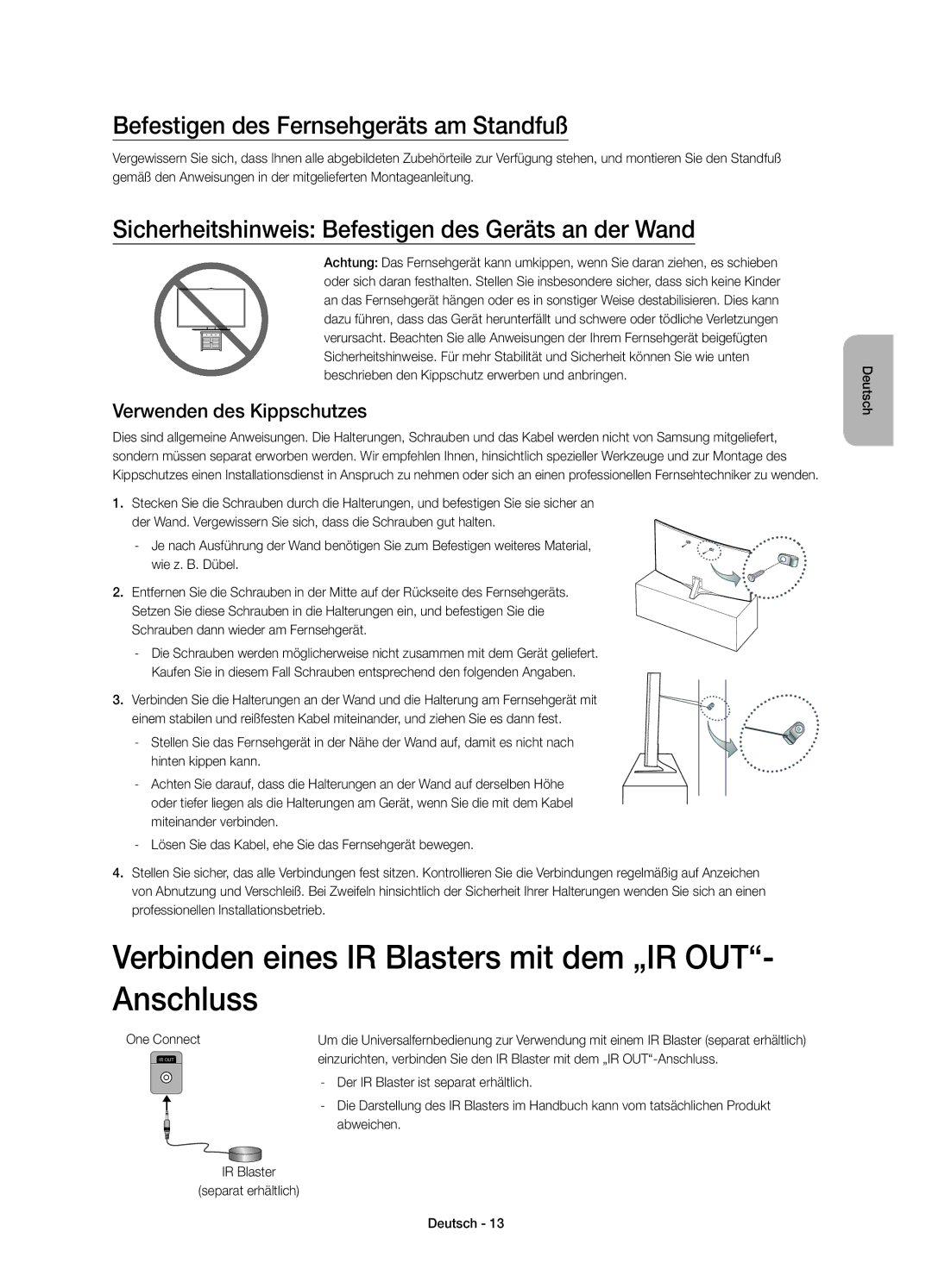 Samsung UE48JS9000LXXN Verbinden eines IR Blasters mit dem „IR OUT- Anschluss, Befestigen des Fernsehgeräts am Standfuß 