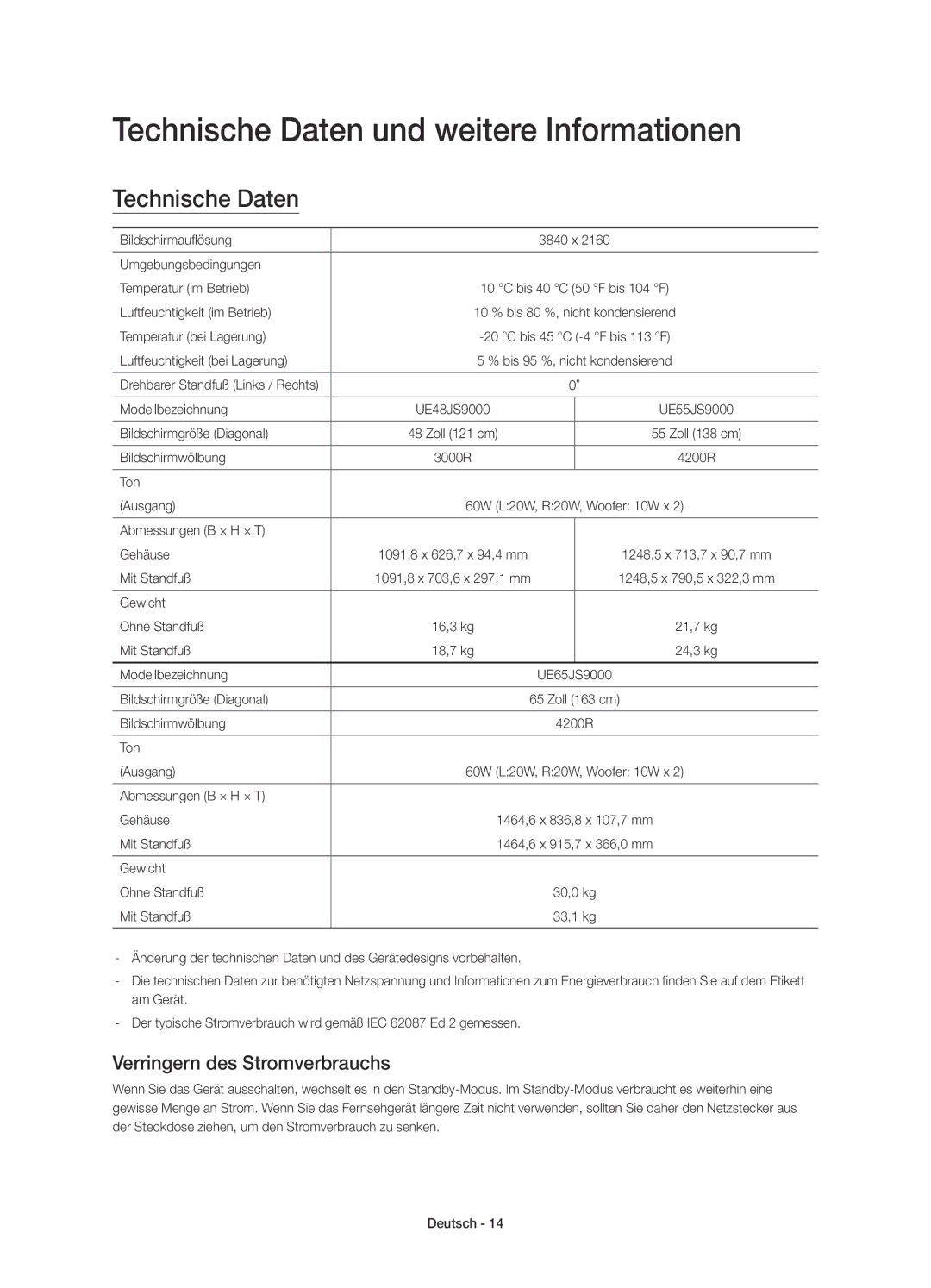 Samsung UE48JS9000TXXC, UE55JS9000LXXH manual Technische Daten und weitere Informationen, Verringern des Stromverbrauchs 