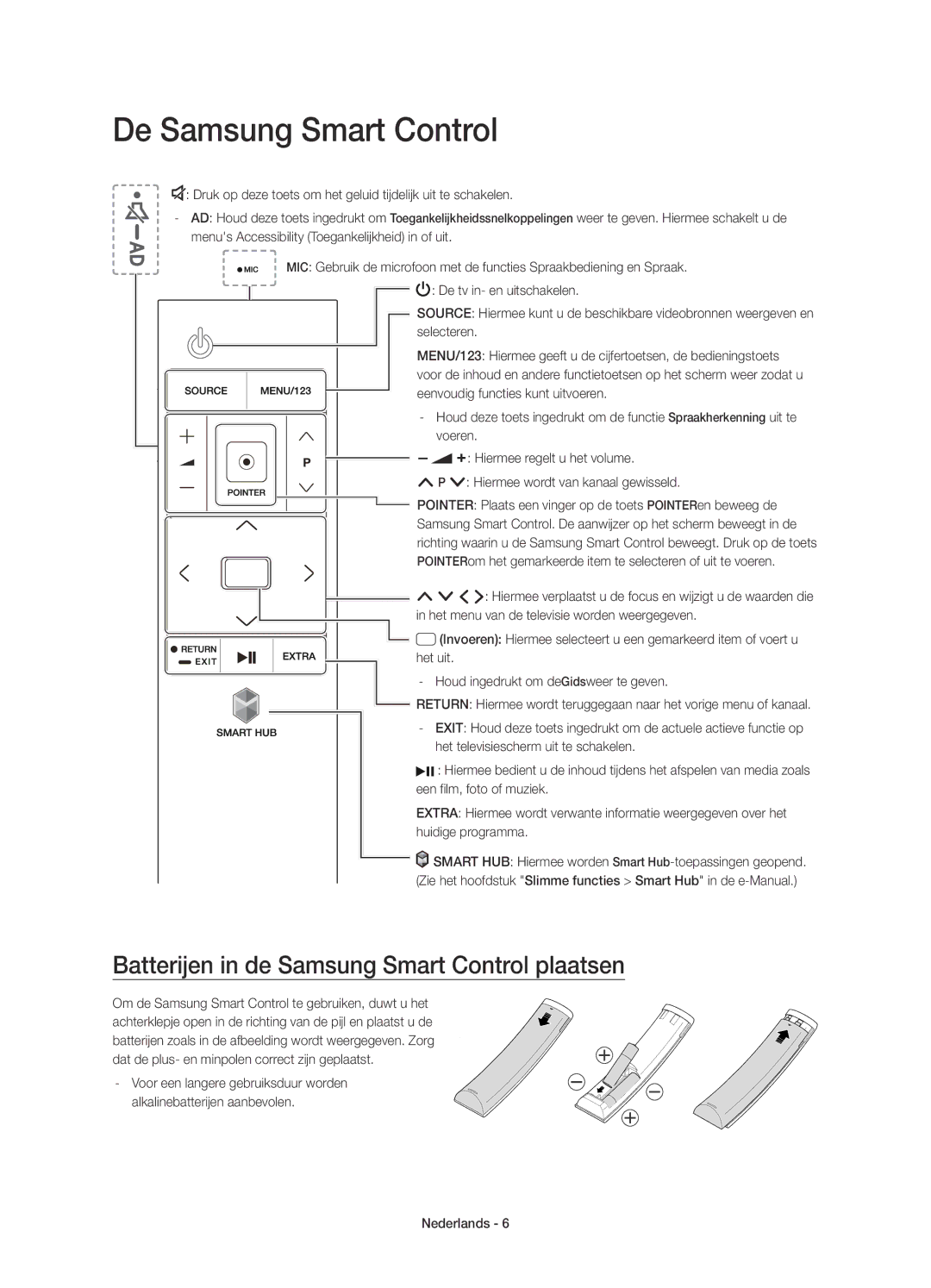 Samsung UE48JS9000LXXH, UE55JS9000LXXH manual De Samsung Smart Control, Batterijen in de Samsung Smart Control plaatsen 