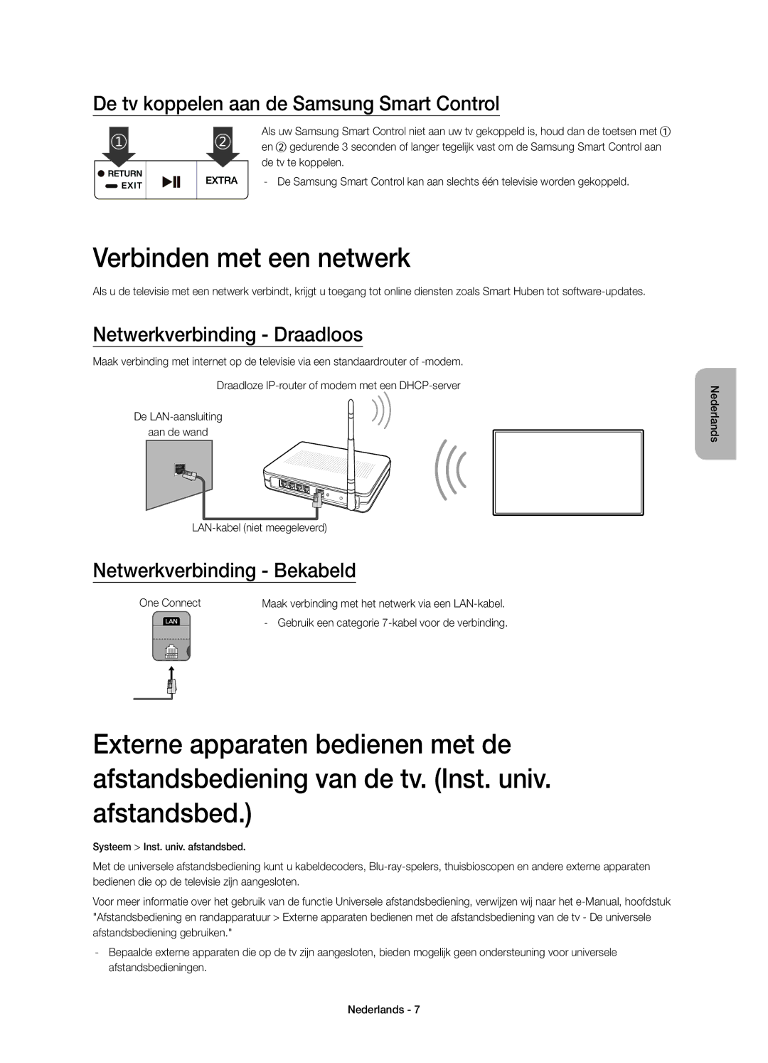 Samsung UE55JS9000TXXC Verbinden met een netwerk, De tv koppelen aan de Samsung Smart Control, Netwerkverbinding Draadloos 