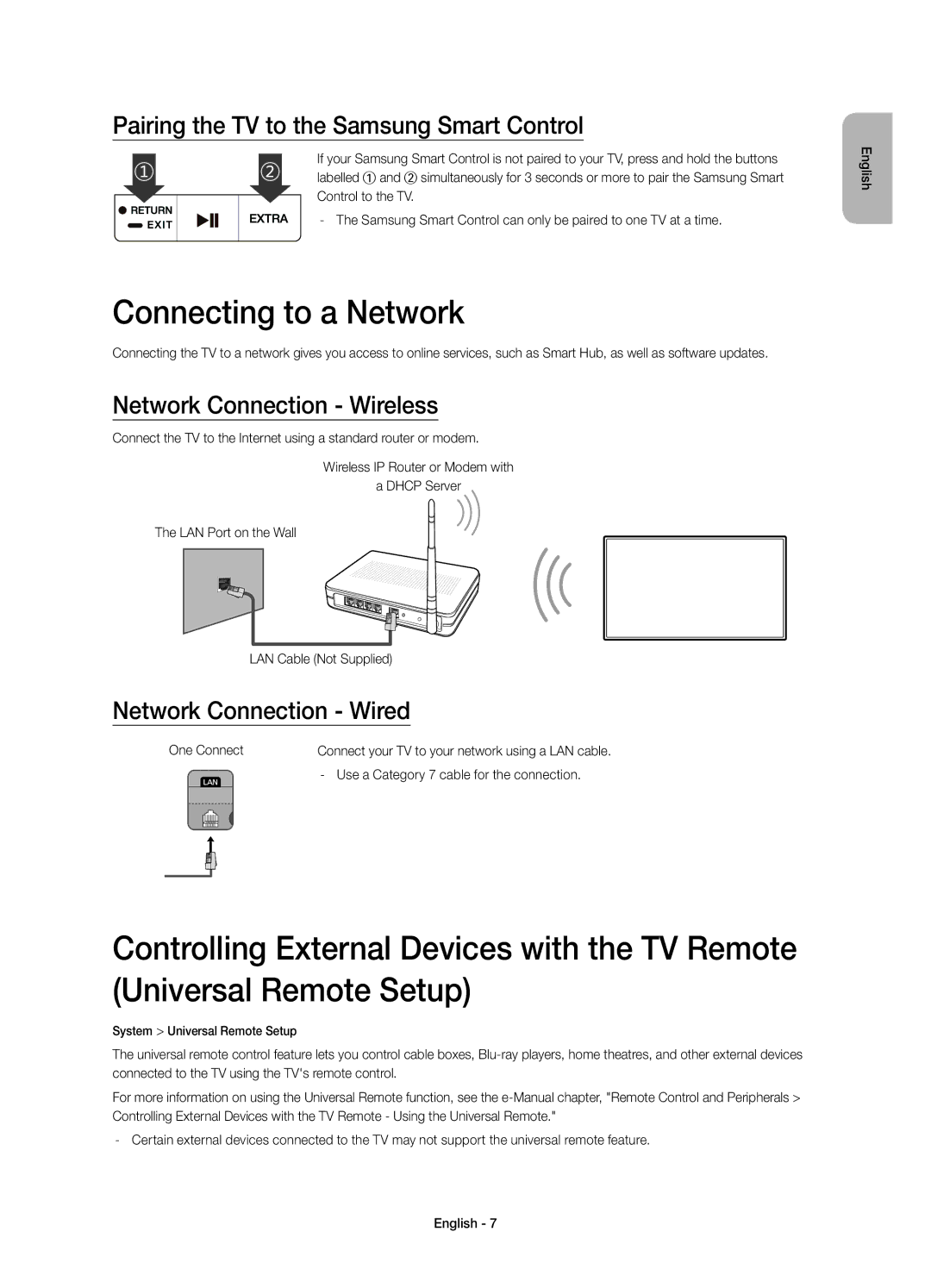 Samsung UE48JS9000TXZT Connecting to a Network, Pairing the TV to the Samsung Smart Control, Network Connection Wireless 