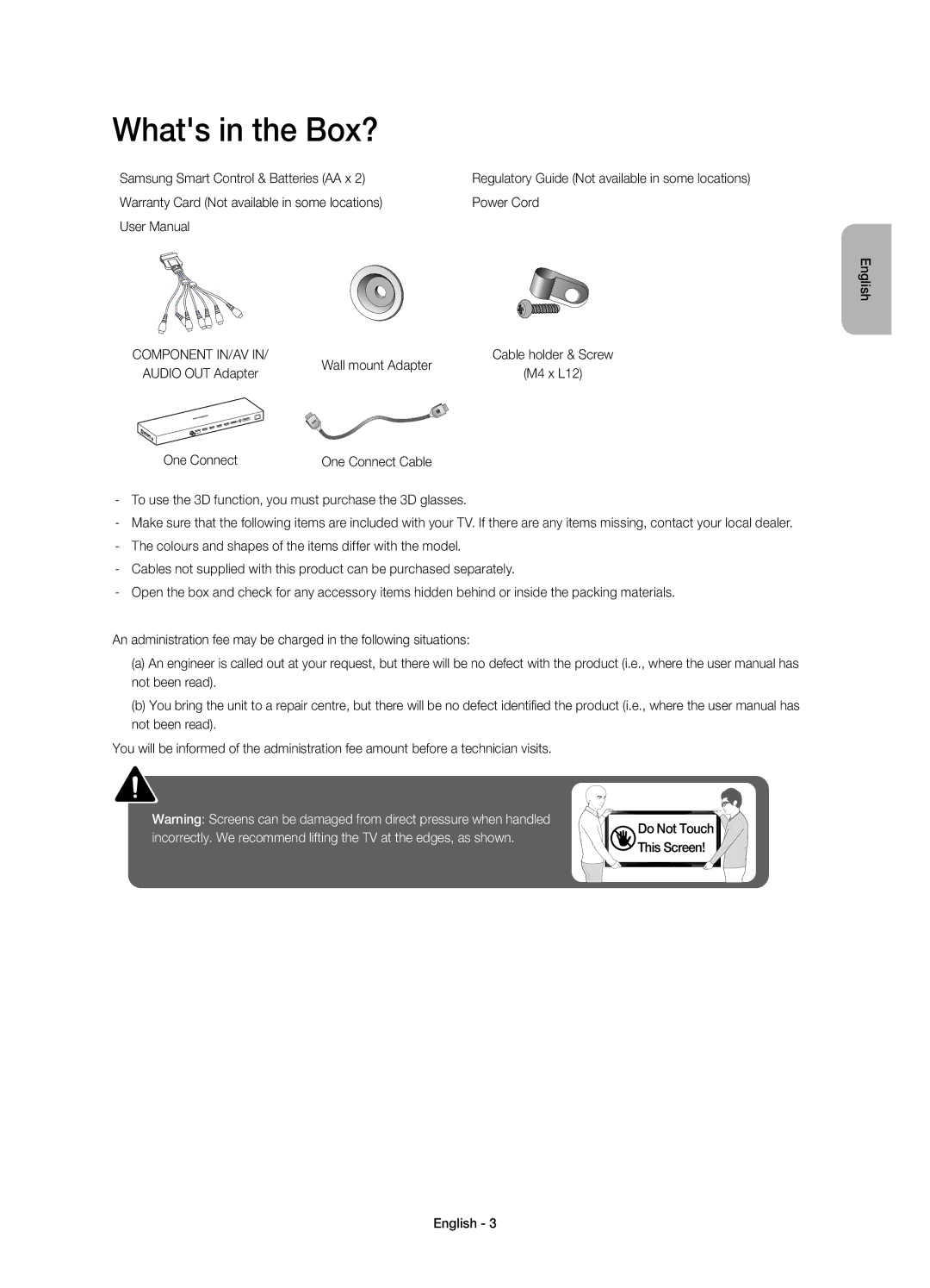 Samsung UE65JS9000TXRU Whats in the Box?, Regulatory Guide Not available in some locations Power Cord, Wall mount Adapter 