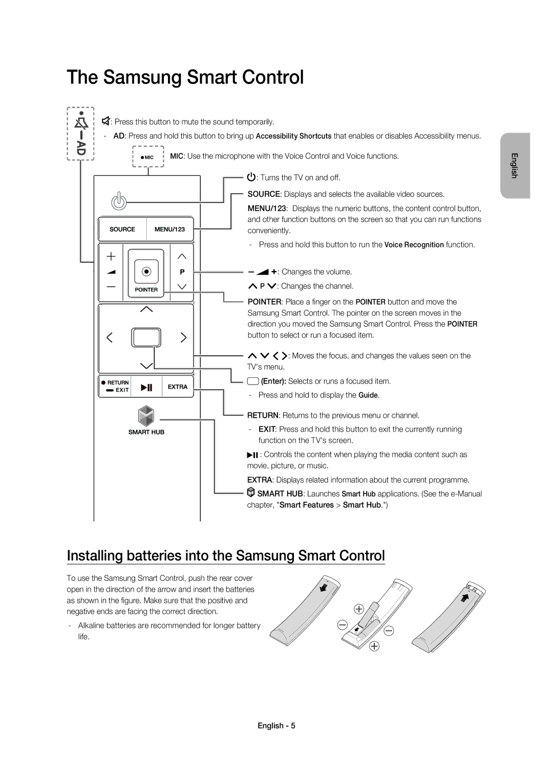 Samsung UE55JS9000TXRU, UE65JS9000TXRU, UE48JS9000TXRU manual Installing batteries into the Samsung Smart Control 