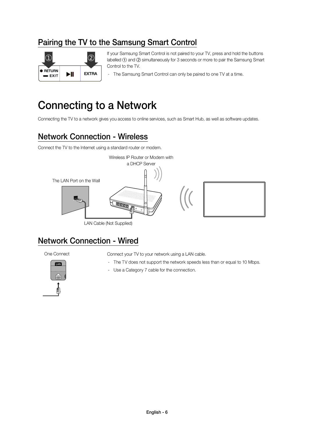 Samsung UE65JS9000TXRU Connecting to a Network, Pairing the TV to the Samsung Smart Control, Network Connection Wireless 