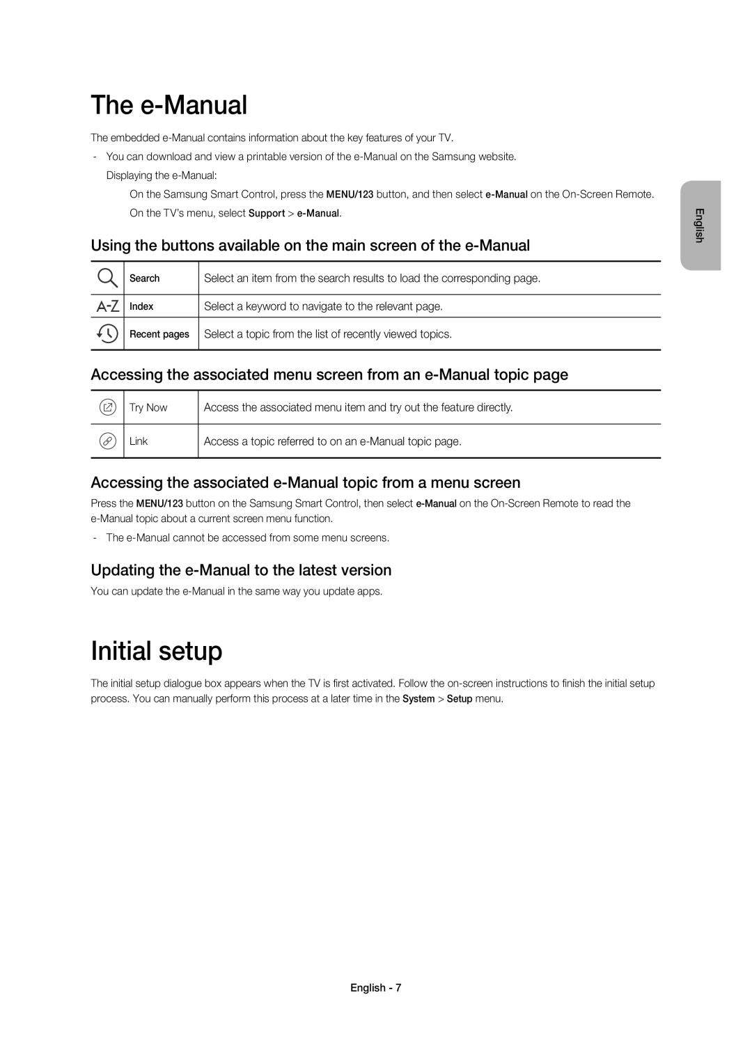 Samsung UE48JS9000TXRU manual E-Manual, Initial setup, Accessing the associated menu screen from an e-Manual topic 