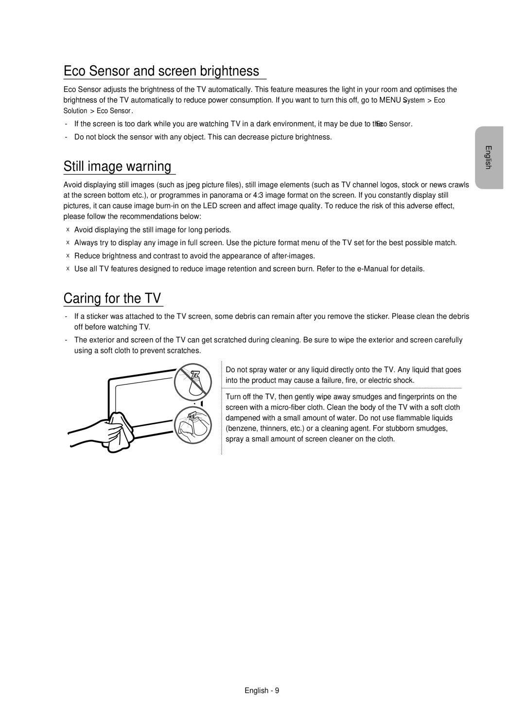 Samsung UE65JS9000TXRU, UE55JS9000TXRU manual Eco Sensor and screen brightness, Still image warning, Caring for the TV 