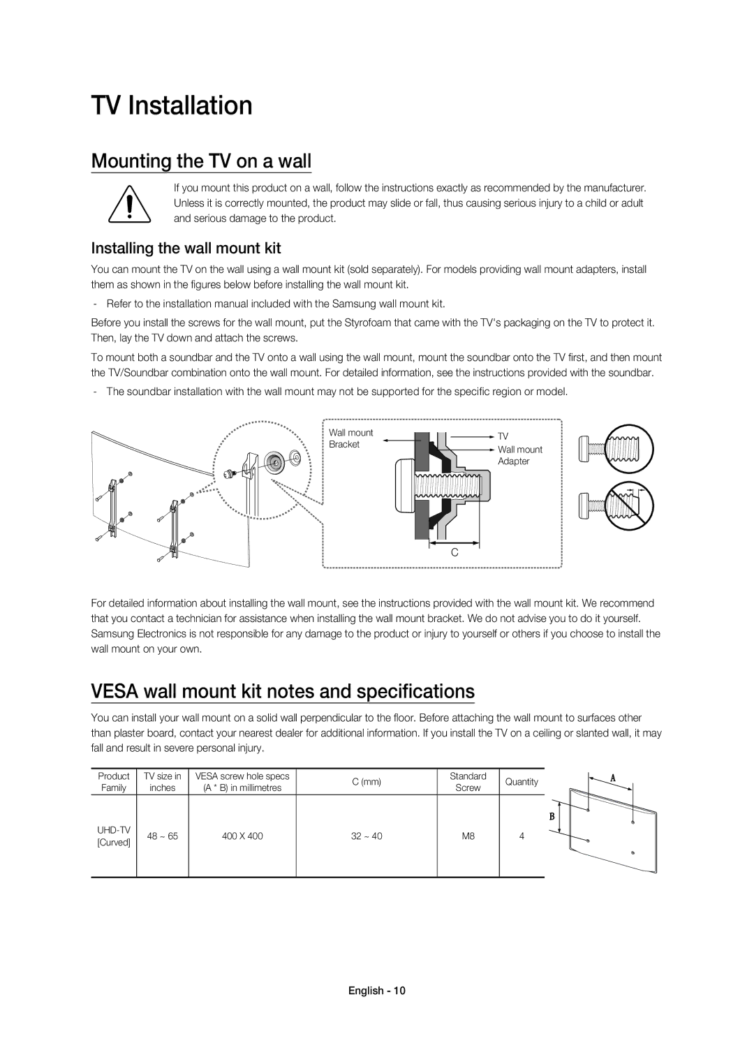 Samsung UE48JS9000TXRU manual TV Installation, Mounting the TV on a wall, Vesa wall mount kit notes and specifications 