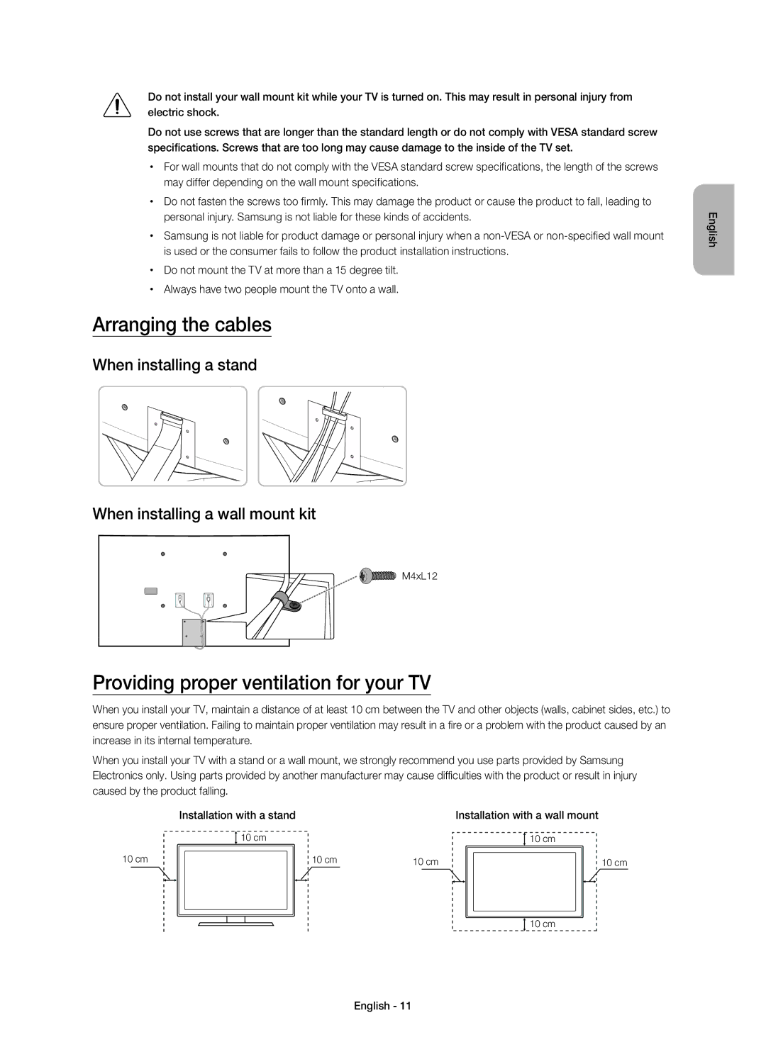 Samsung UE55JS9000TXRU, UE65JS9000TXRU, UE48JS9000TXRU manual Arranging the cables, Providing proper ventilation for your TV 