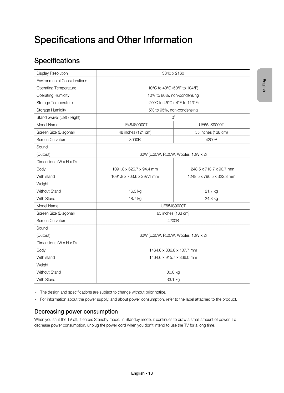 Samsung UE48JS9000TXRU, UE55JS9000TXRU, UE65JS9000TXRU Specifications and Other Information, Decreasing power consumption 