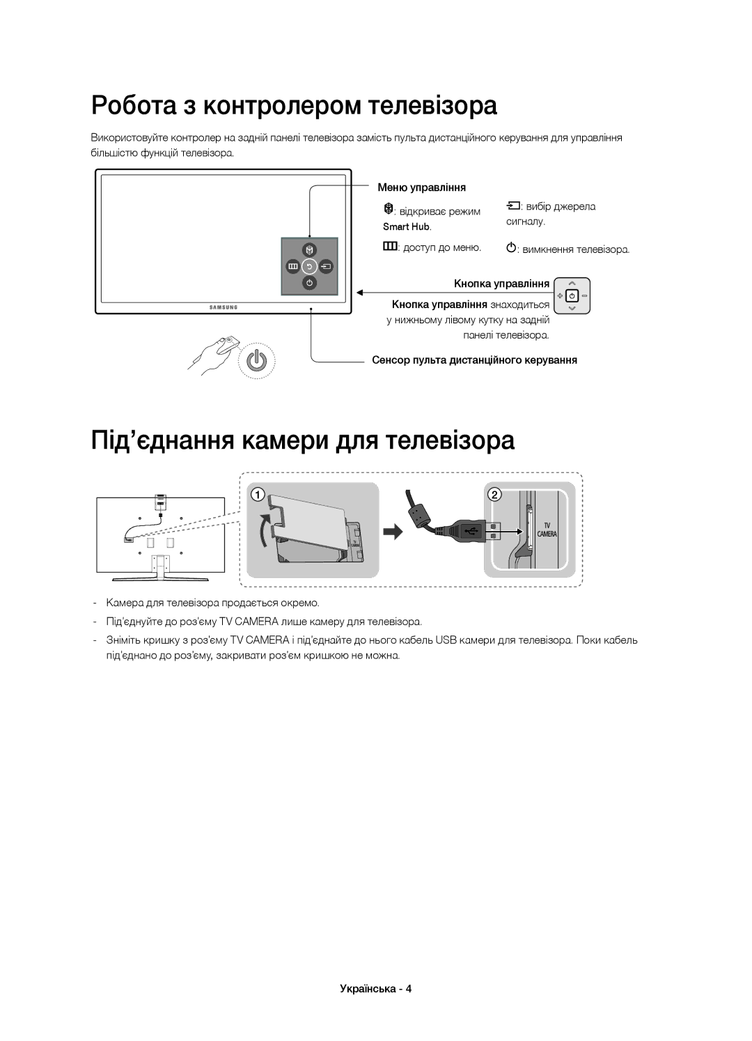 Samsung UE65JS9000TXRU, UE55JS9000TXRU Робота з контролером телевізора, Під’єднання камери для телевізора, Доступ до меню 