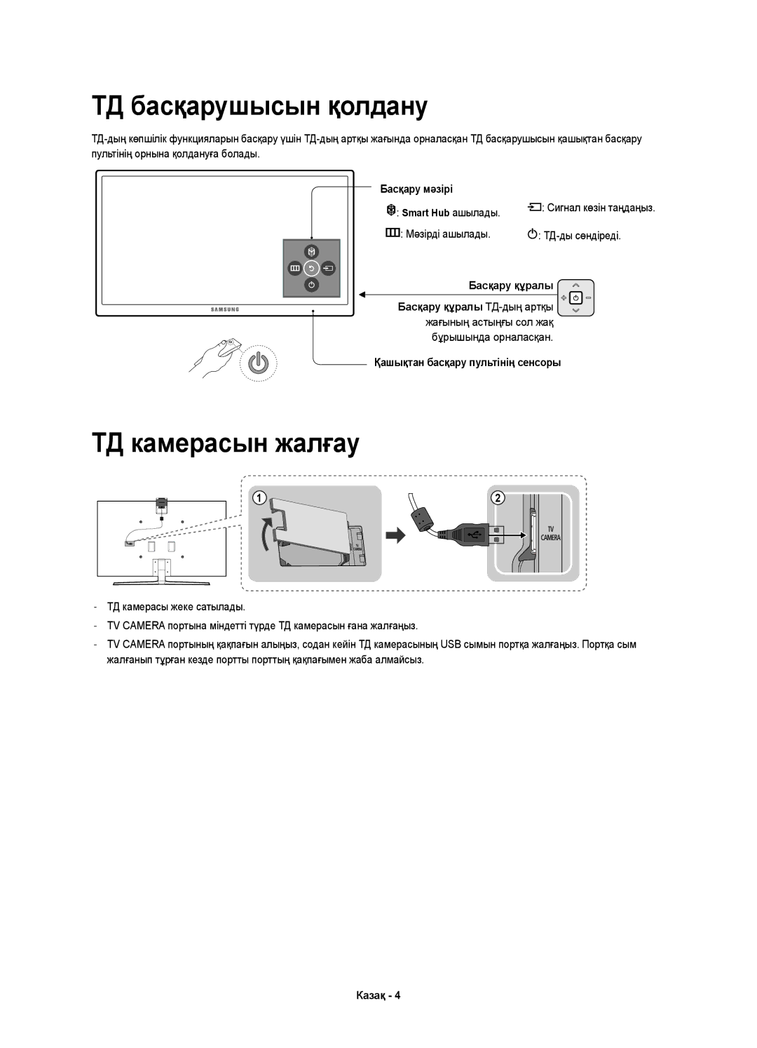 Samsung UE55JS9000TXRU ТД басқарушысын қолдану, ТД камерасын жалғау, Smart Hub ашылады, Мәзірді ашылады ТД-ды сөндіреді 