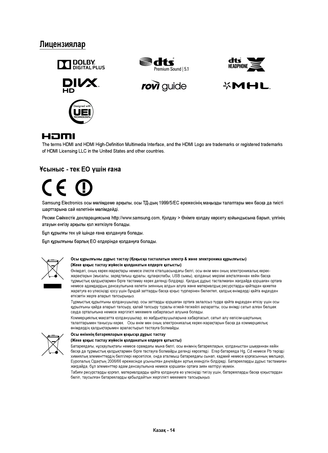 Samsung UE65JS9000TXRU, UE55JS9000TXRU, UE48JS9000TXRU manual Лицензиялар, Ұсыныс тек ЕО үшін ғана 