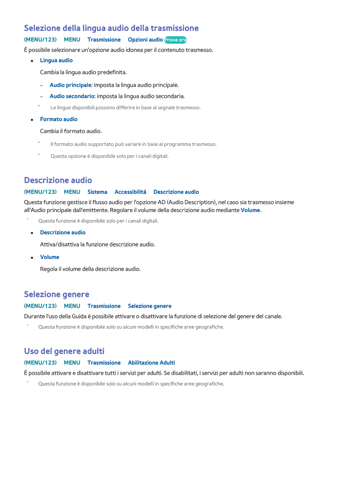 Samsung UE65JS9000LXXN manual Selezione della lingua audio della trasmissione, Descrizione audio, Selezione genere 