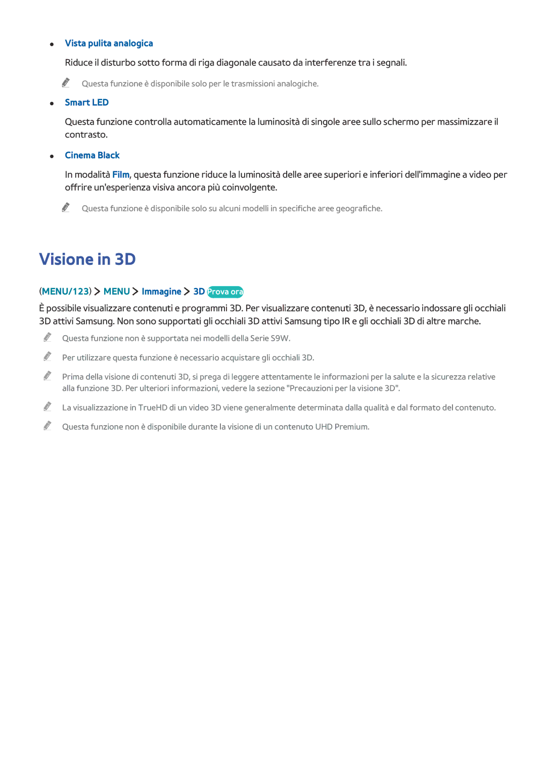 Samsung UE48JS9000TXZT, UE55JS9090QXZG, UE55JS9000LXXH manual Visione in 3D, Vista pulita analogica, Smart LED, Cinema Black 