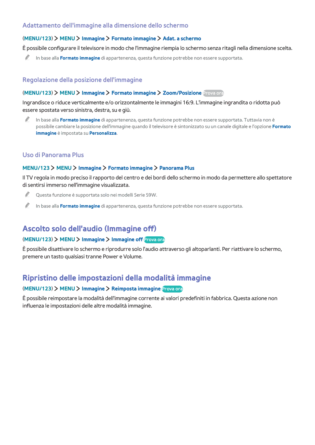 Samsung UE65JS9500LXXN manual Ascolto solo dellaudio Immagine off, Ripristino delle impostazioni della modalità immagine 